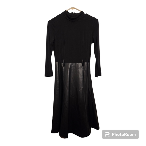 Calvin Klein Long Black Sleeved Turtle Neck Dress with Vegan Leather skirt Sz 2 - Picture 1 of 11